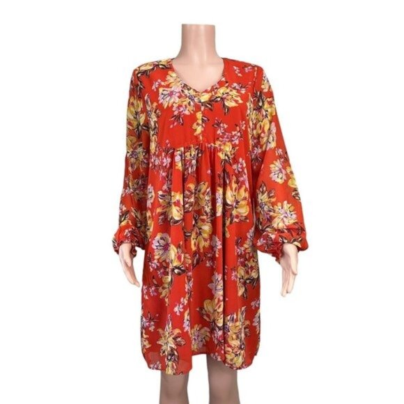 Time And Tru Women SZ L(12-14) Orange Floral Baby Doll Knee Dress -Long Sleeve - Picture 10 of 16